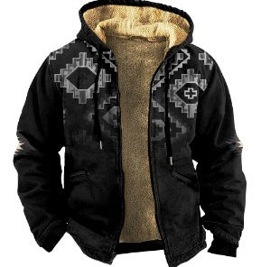 Men's Print Hooded Zip-Up Jacket ,Thickened Cotton-padded Warm Coat